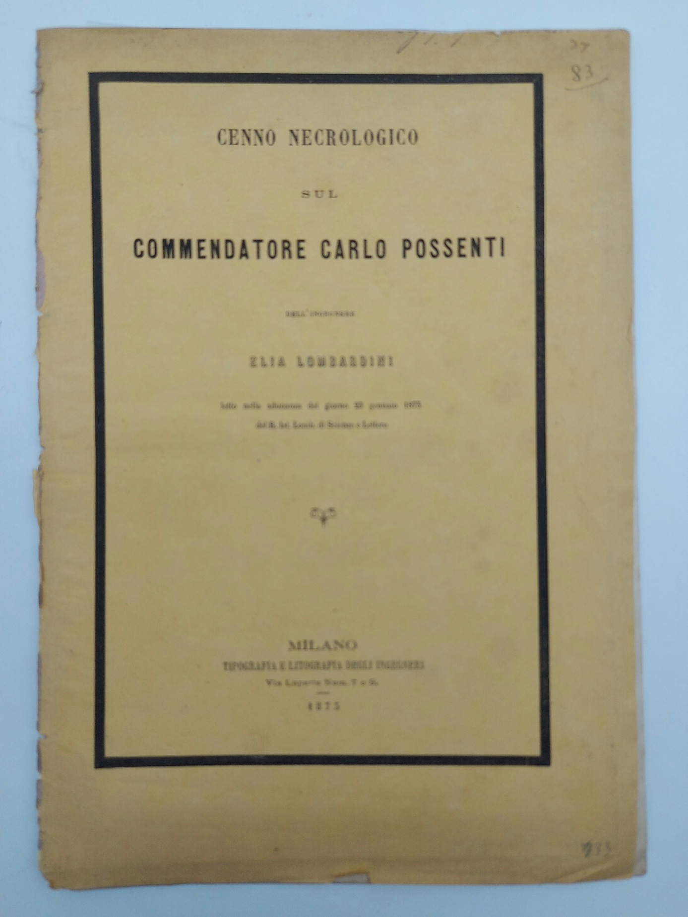 Cenno necrologico sul Commendatore Carlo Possenti